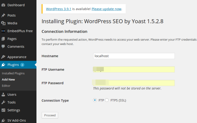 WordPress plugin update Connection Information